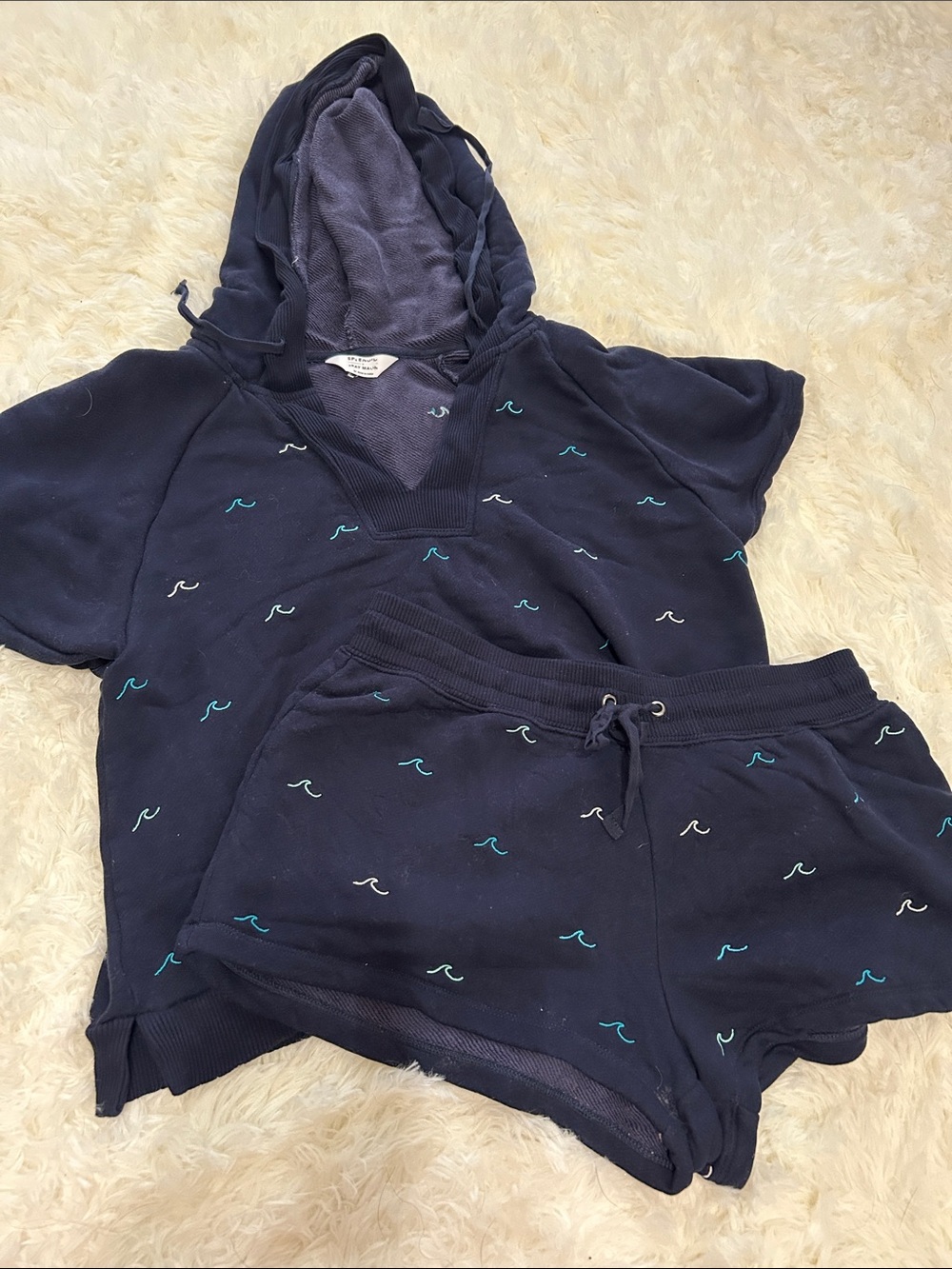Navy Wave Embroidered Hoodie & Shorts Set